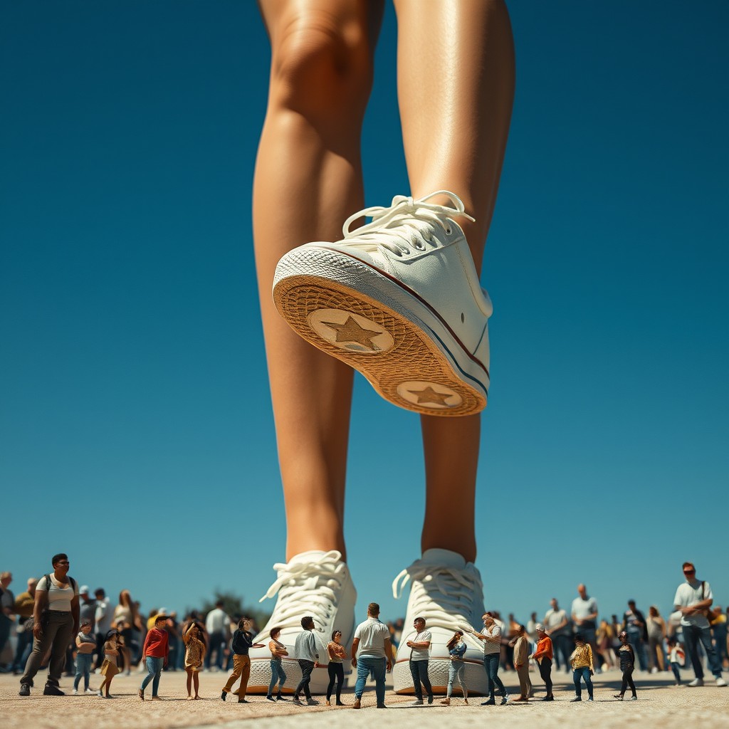 A towering giantess standing confidently, her full body on display, showcasing her long legs and strong physique
