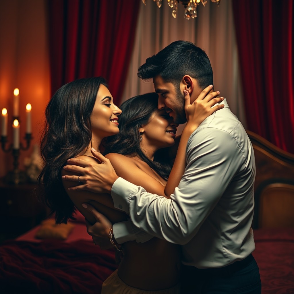 A passionate scene featuring a couple engaging in an intimate moment in a luxurious bedroom, showcasing the dynamics of a cuckold relationship