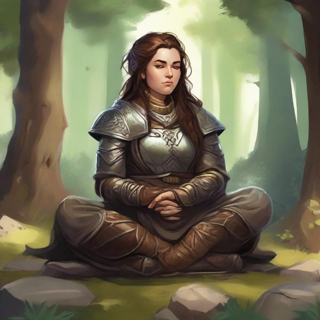 female dwarven druid meditates amid nature wearing her heavy armor while controlling energy around her