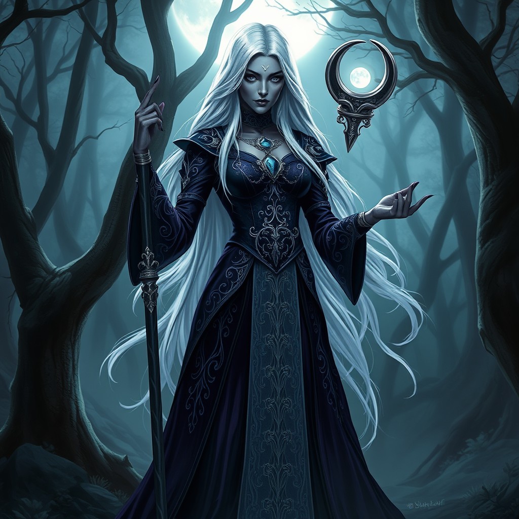 A female drow cleric known as the Dark Dancer, standing gracefully in a mystical, enchanted forest
