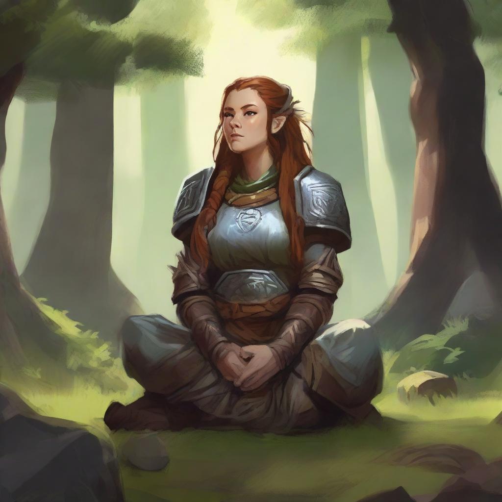 nafure's energy surrounds a female dwarven druid that meditates amid nature while wearing her heavy armor