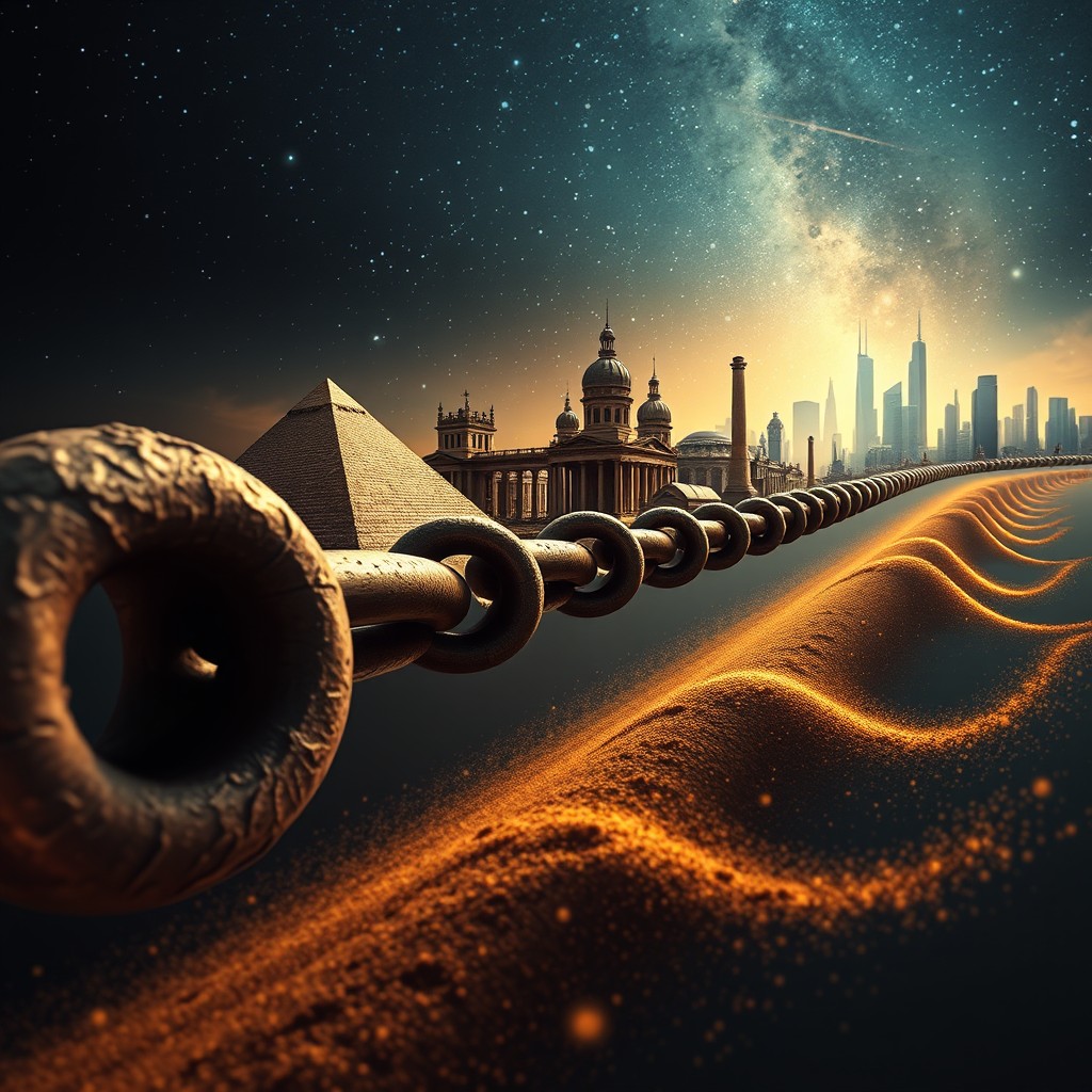 A dramatic and symbolic thumbnail representing the theme 'Corrente do Tempo' — the chain of time