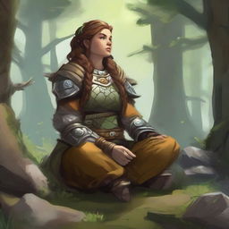 nafure's energy surrounds a female dwarven druid that meditates amid nature while wearing her heavy armor