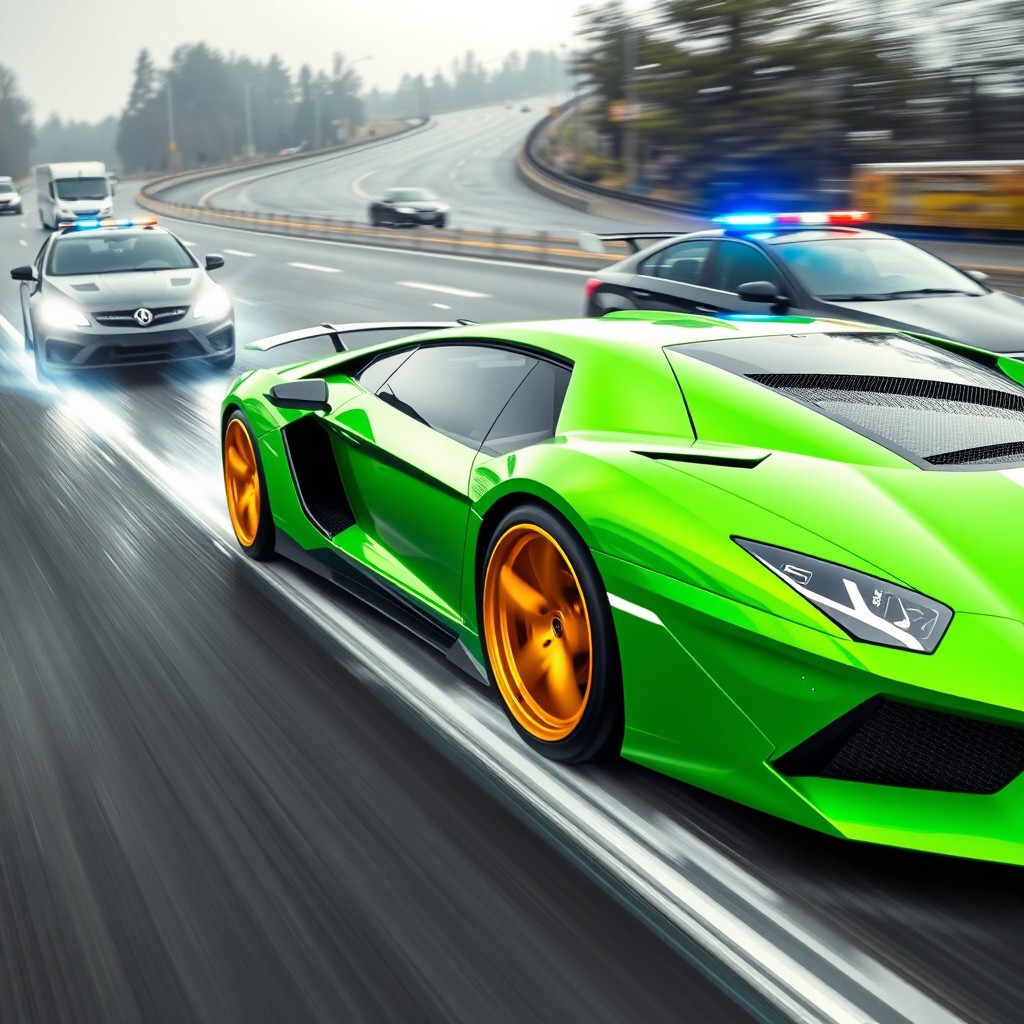A dramatic scene featuring a Lamborghini Aventador SVJ in a vibrant verde color, showcasing stunning golden wheels and carbon fiber details