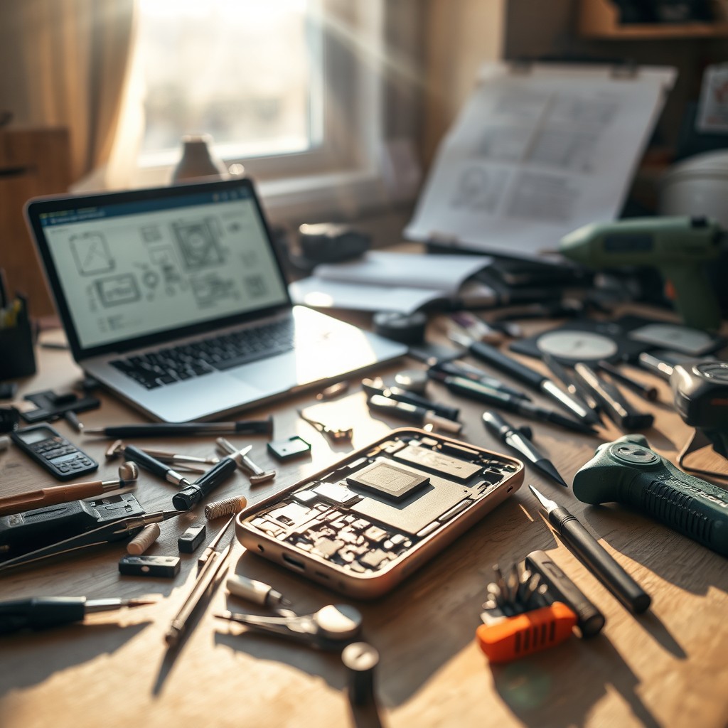 A detailed scene showcasing a mobile phone repair table that is cluttered with various tools and parts
