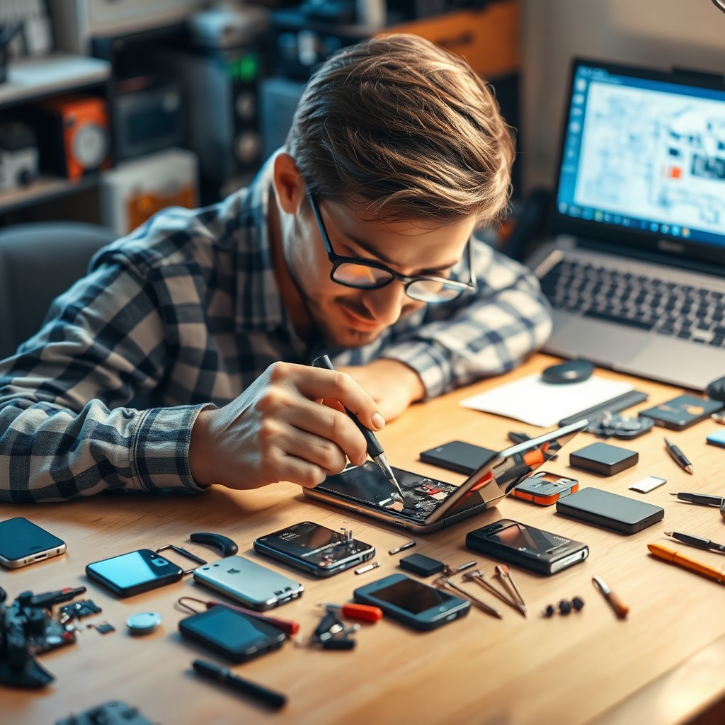 A cozy mobile phone repair scene set at a well-lit workbench, featuring a variety of mobile phone parts, tools like screwdrivers and tweezers scattered around