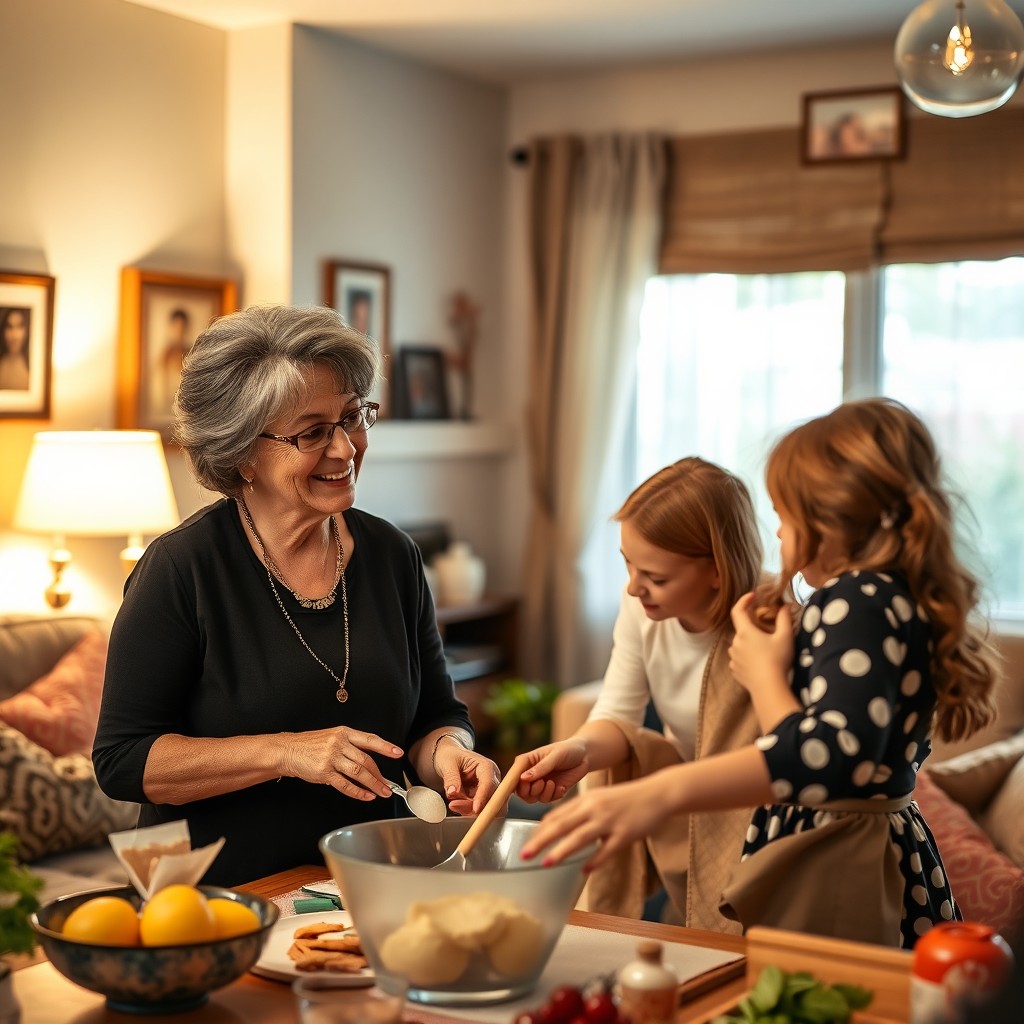 A warm and inviting scene featuring an affectionate aunt, stylishly dressed, with a loving expression as she interacts with her family