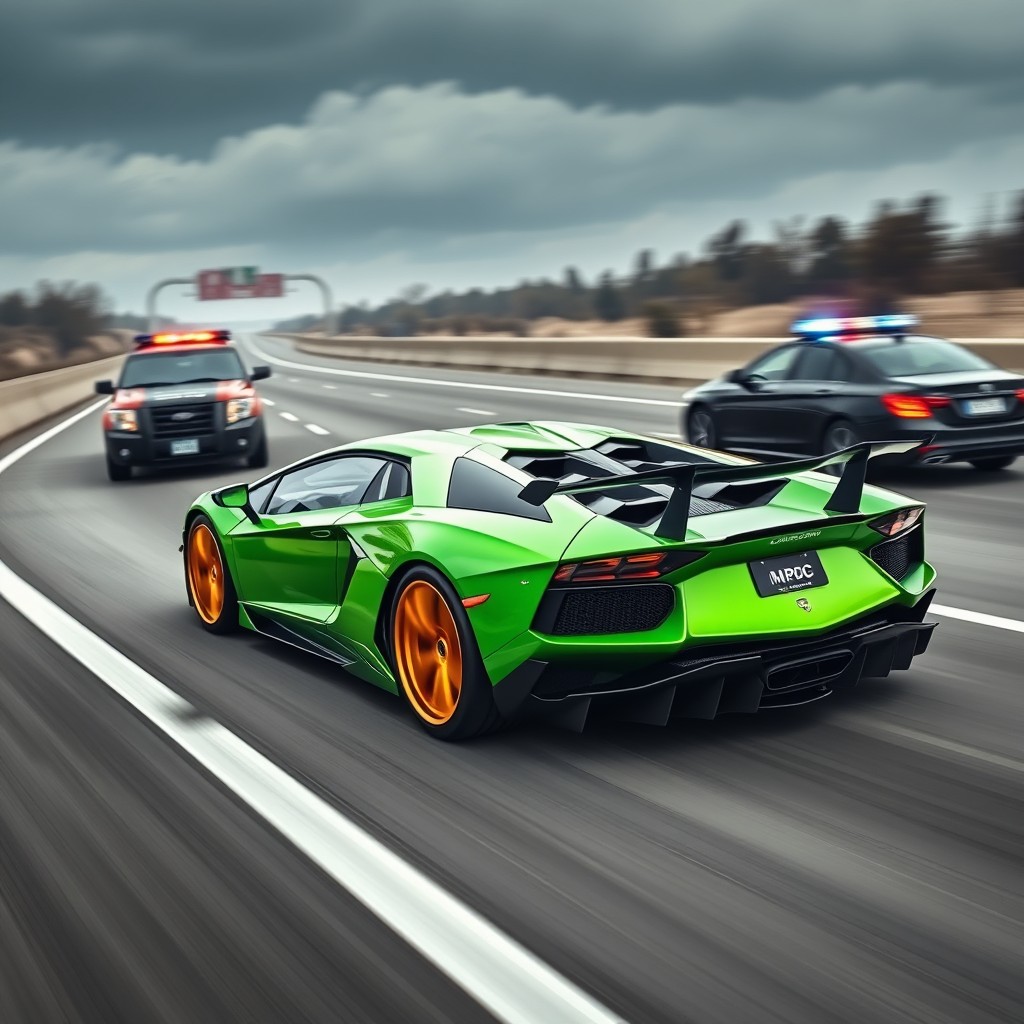 A dramatic scene featuring a Lamborghini Aventador SVJ in a vibrant verde color, showcasing stunning golden wheels and carbon fiber details, including a carbon fiber hood