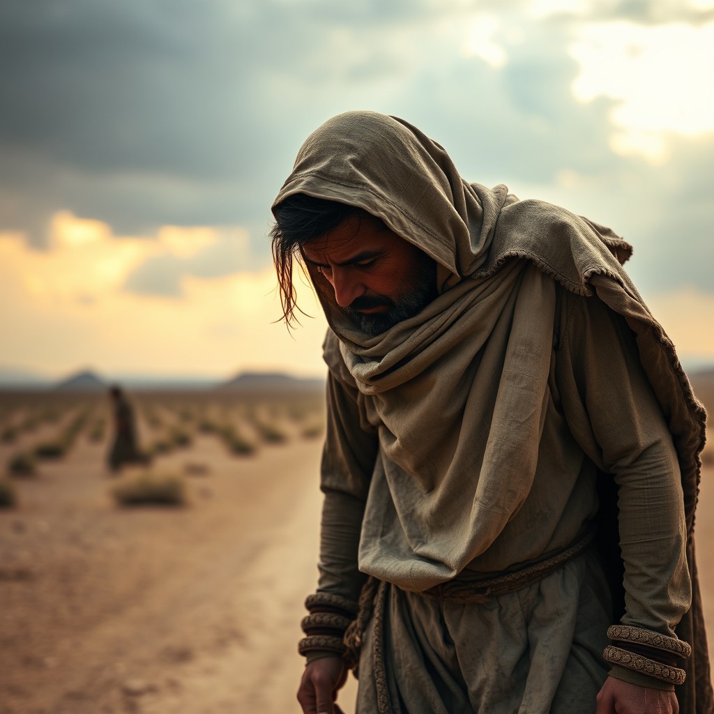 A Middle Eastern man from antiquity, wearing worn-out garments and a mantle draped over his shoulders, walking alone on a dry dirt path