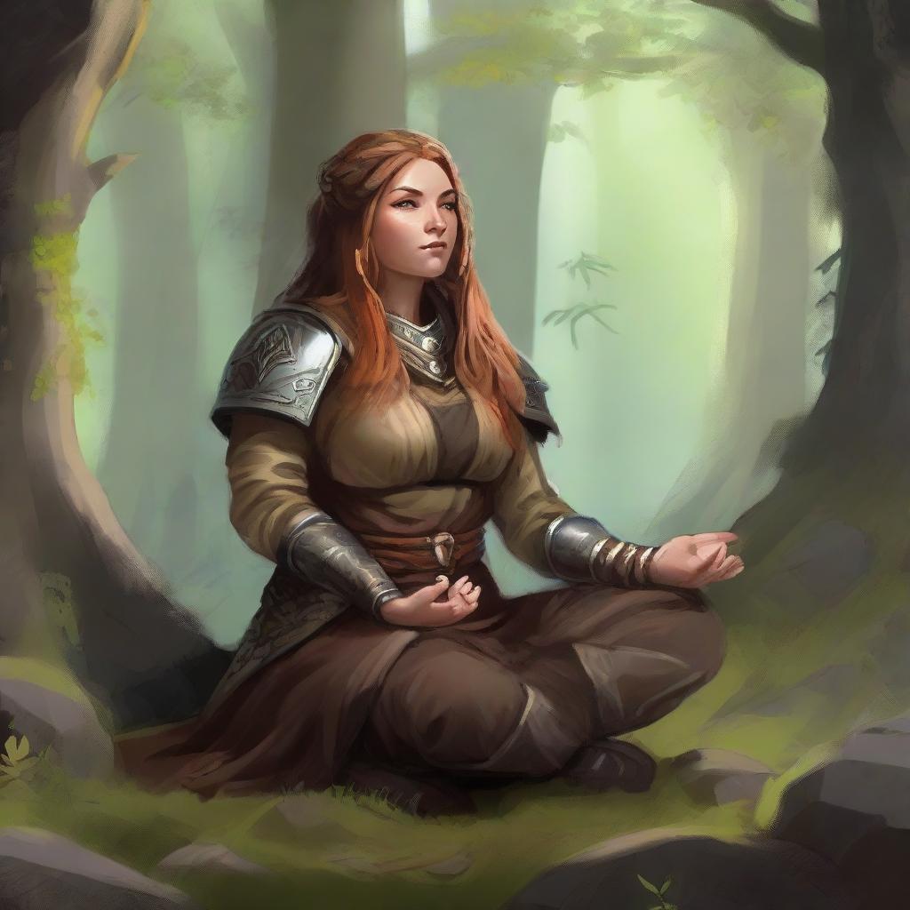 nafure's energy surrounds a female dwarven druid that meditates amid nature while wearing her heavy armor