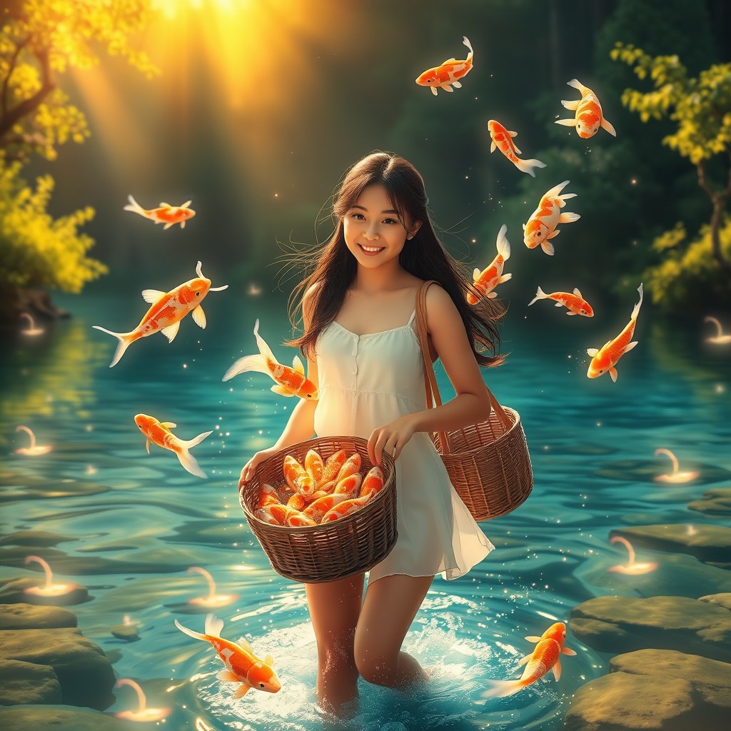In this enchanting artwork, a young woman walks through a crystal clear river bathed in golden sunlight