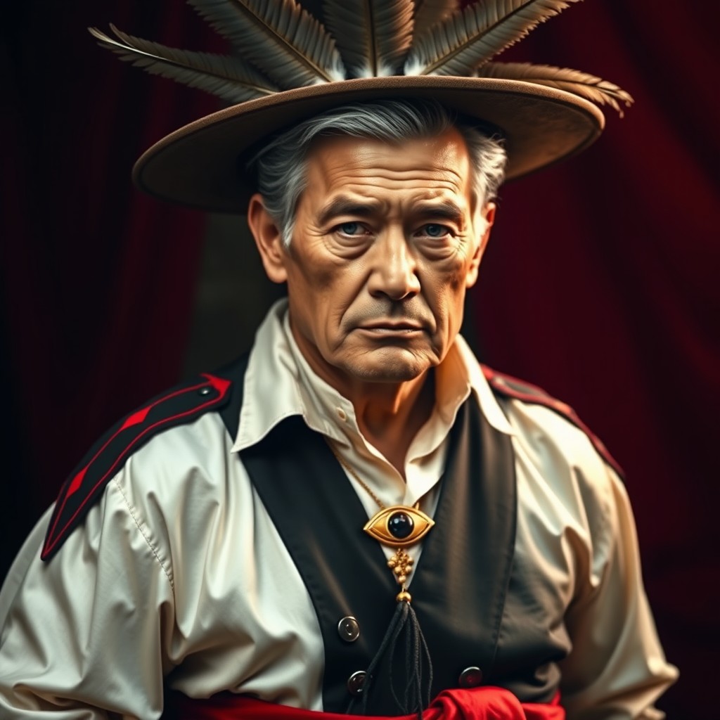 A 40-year-old man with a face marked by wrinkles, has medium dark hair slicked back with light gray at the temples