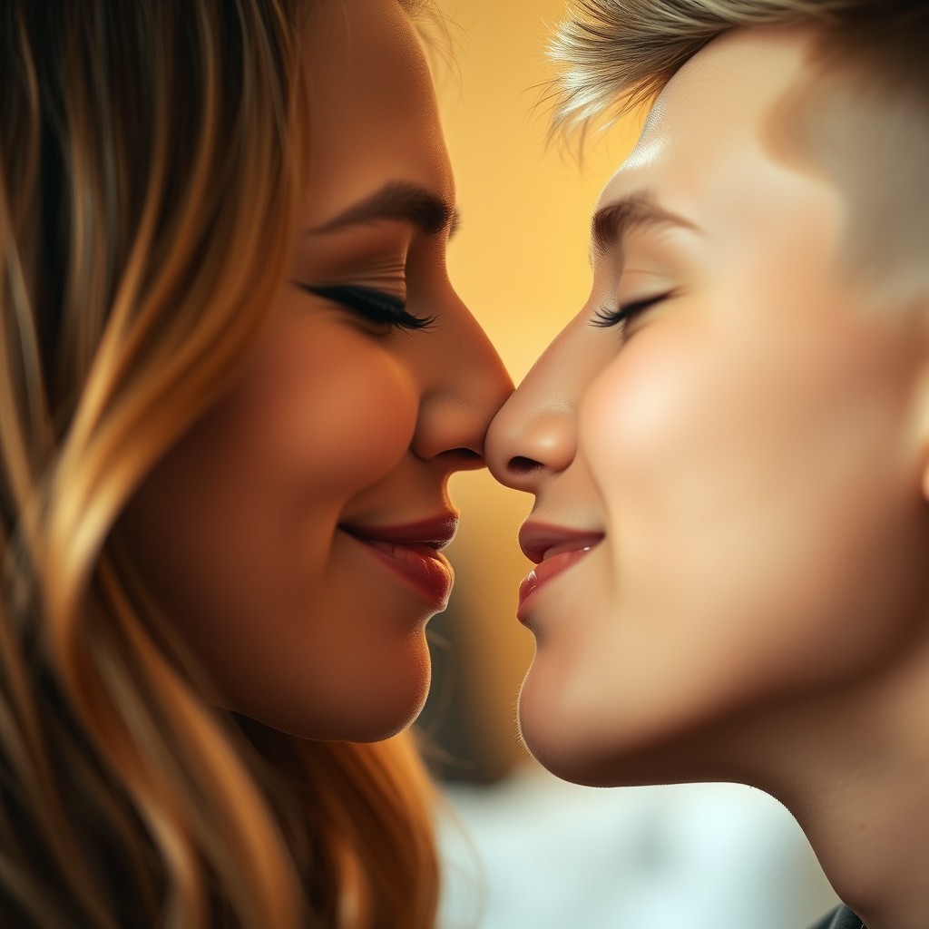 A close-up of two adults sharing a sweet, romantic lip kiss