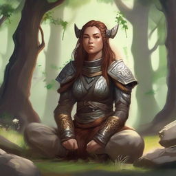 nafure's energy surrounds a female dwarven druid that meditates amid nature while wearing her heavy armor