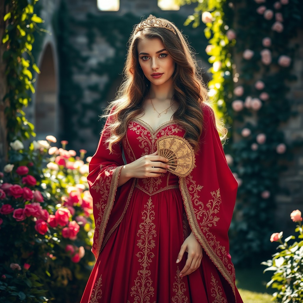 A stunning medieval woman, elegantly dressed in a flowing red gown adorned with intricate gold embroidery