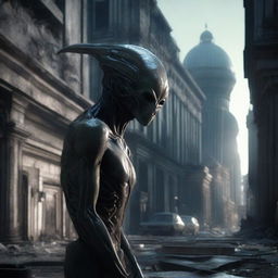 A photorealistic depiction of an alien in an abandoned city plunged in darkness. The scene is emphasized by an ultra-detailed attention to the deteriorating architecture and alien form.