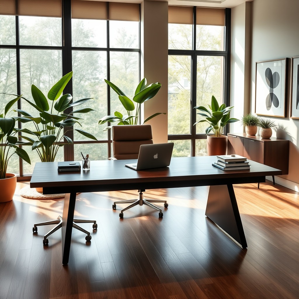 An elegant and modern executive office with sleek furniture, large windows letting in natural light, and lush green plants