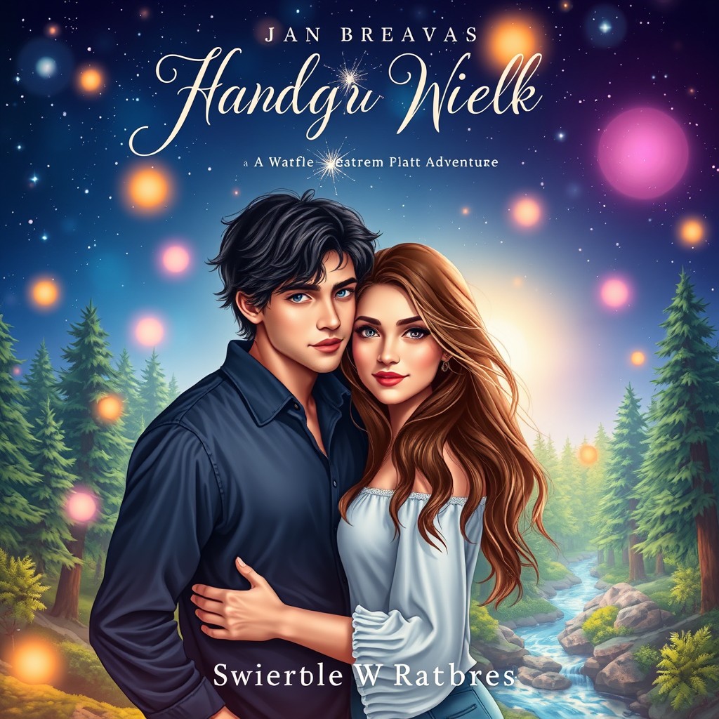 A stunning and vibrant fanfiction cover for a Wattpad story, featuring a romantic scene between a handsome young man with tousled dark hair and dreamy blue eyes, and a beautiful young woman with long wavy brown hair and warm hazel eyes