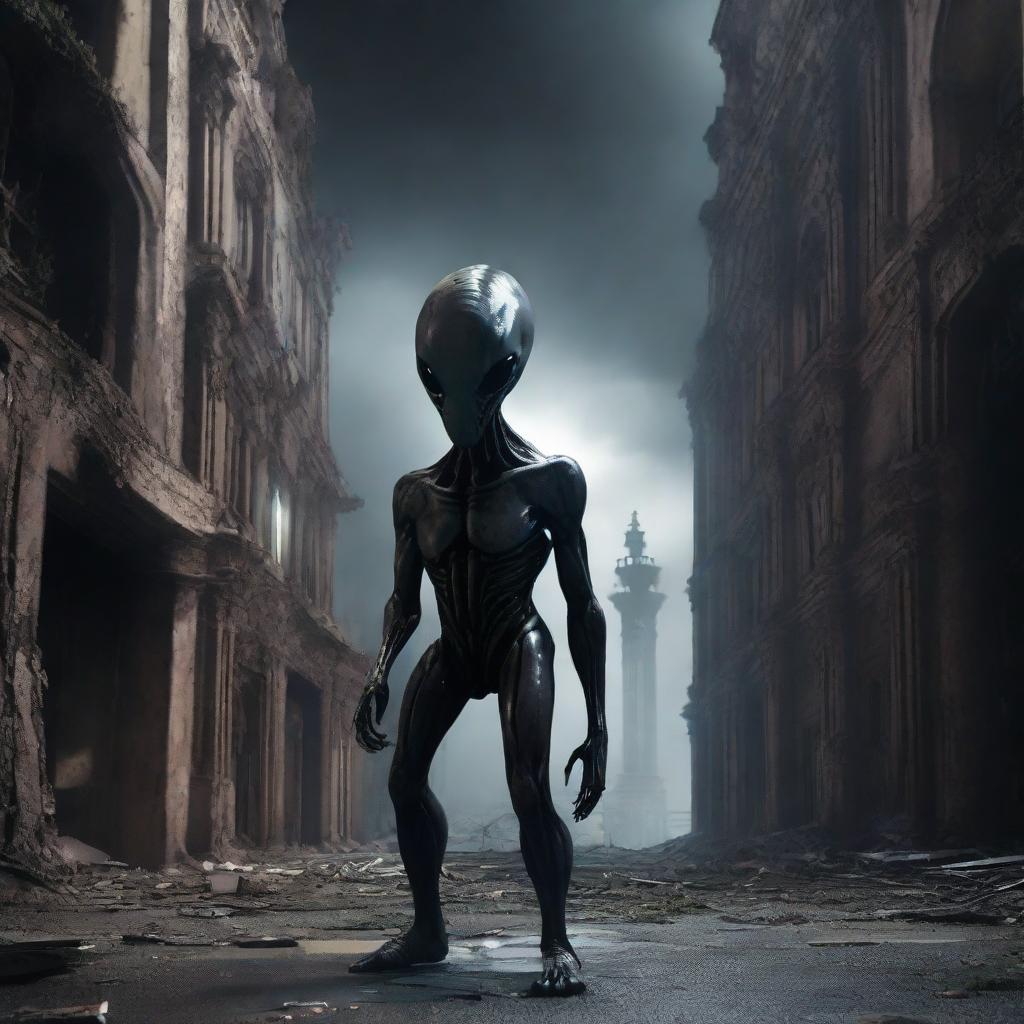 A photorealistic depiction of an alien in an abandoned city plunged in darkness. The scene is emphasized by an ultra-detailed attention to the deteriorating architecture and alien form.