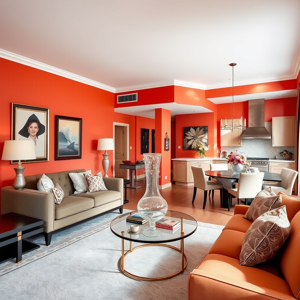 An interior design scene showcasing a beautifully decorated living room integrated with a dining area and kitchen