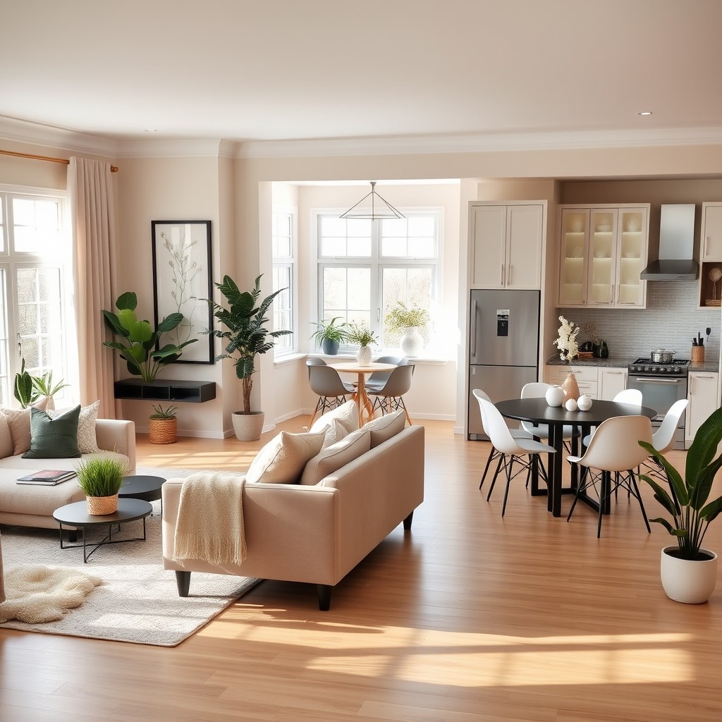 A beautifully designed living room with walls painted in a soft pastel color, featuring stylish furniture arranged in a cozy layout