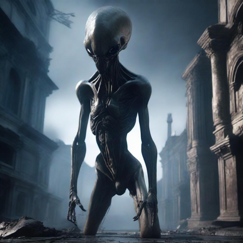 A photorealistic depiction of an alien in an abandoned city plunged in darkness. The scene is emphasized by an ultra-detailed attention to the deteriorating architecture and alien form.