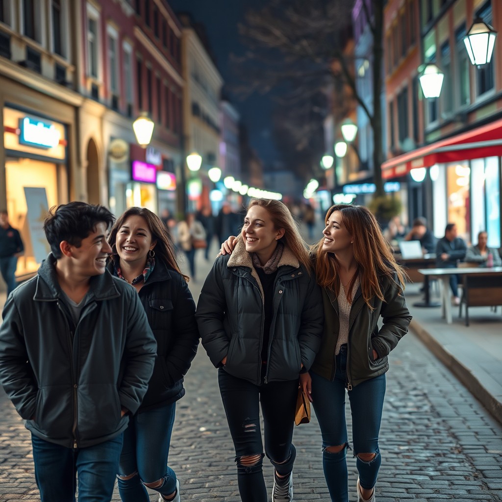 A realistic scene of a group of friends enjoying a late night walk through a vibrant city
