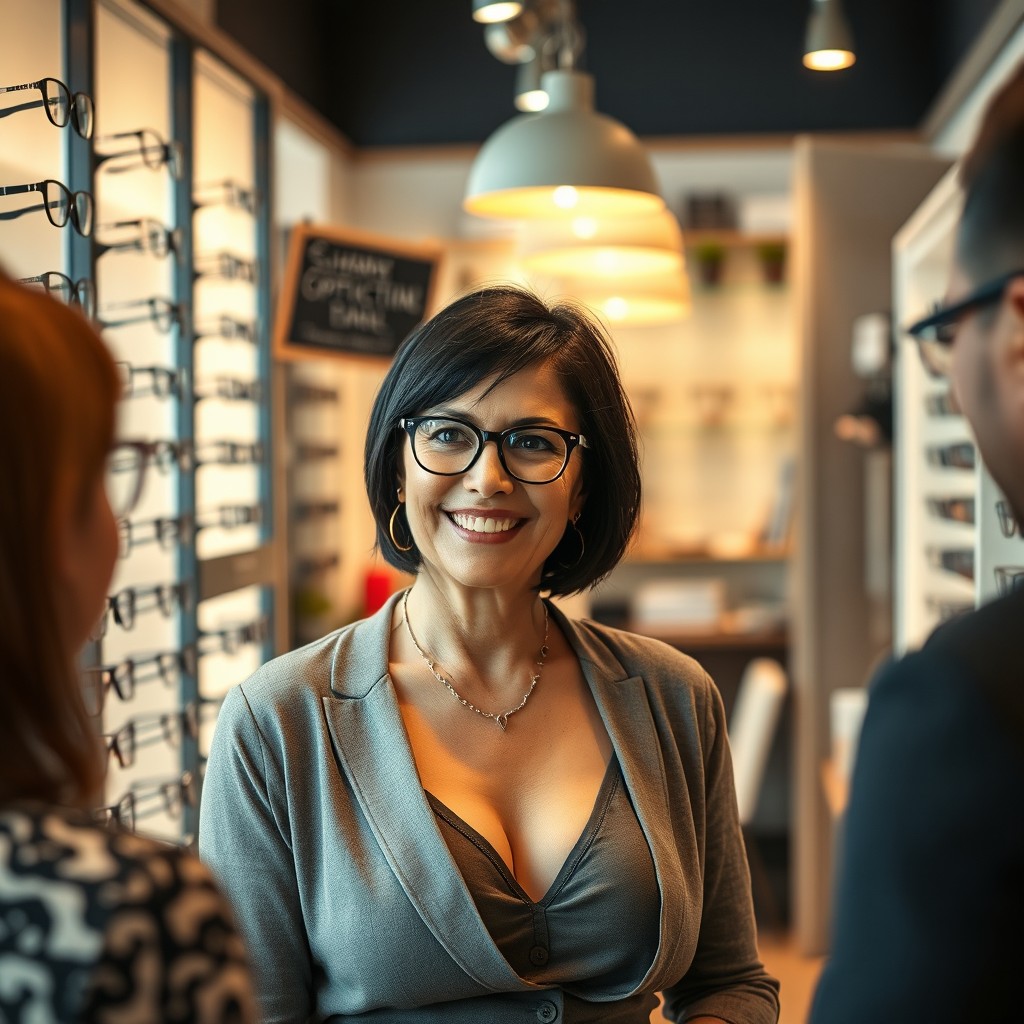 A middle-aged optician in her shop, showcasing a warmly inviting atmosphere filled with a variety of eyeglasses and optical displays