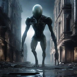 A photorealistic depiction of an alien in an abandoned city plunged in darkness. The scene is emphasized by an ultra-detailed attention to the deteriorating architecture and alien form.