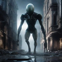 A photorealistic depiction of an alien in an abandoned city plunged in darkness. The scene is emphasized by an ultra-detailed attention to the deteriorating architecture and alien form.