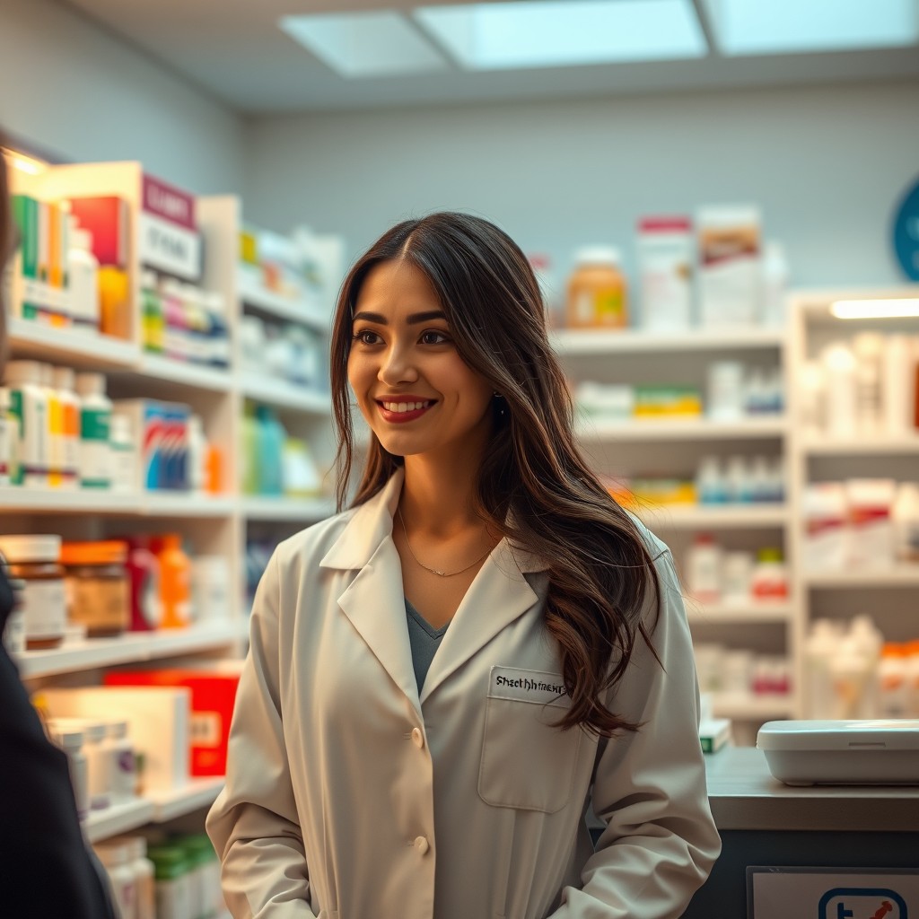 A scene in a pharmacy featuring a female pharmacist, having an attractive presence, dressed in a professional white lab coat with a name tag