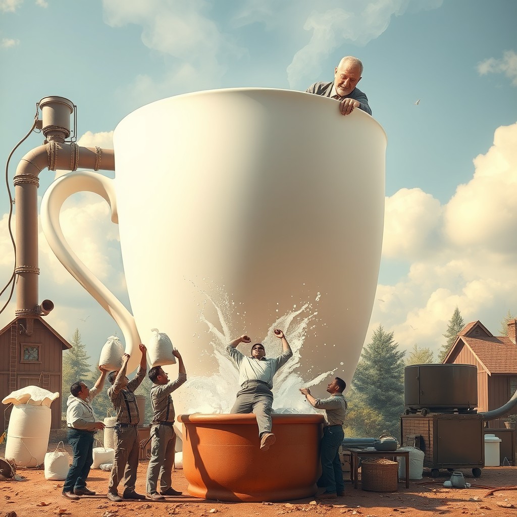 A whimsical scene featuring a giant cup of steaming tea, towering over a giant man who is playfully overseeing the action