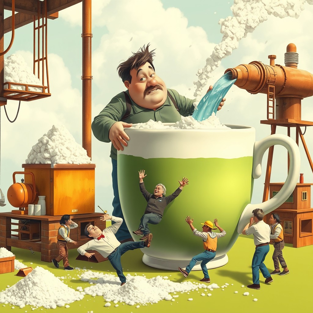 A whimsical scene featuring a giant man standing beside an enormous cup of tea, looking curiously at the frothy beverage