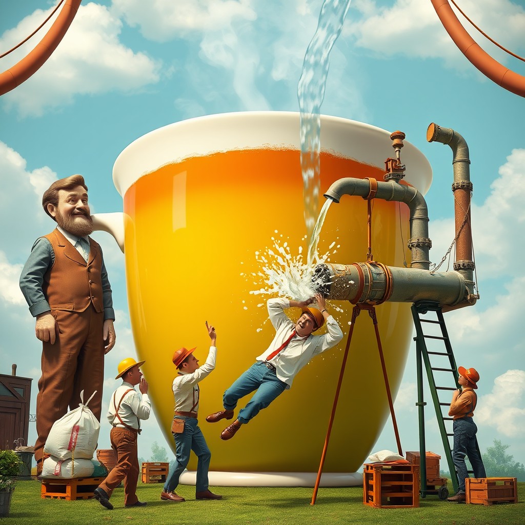 A whimsical scene featuring a giant cup of tea, with incredible detail on the tea's surface and steam rising from it
