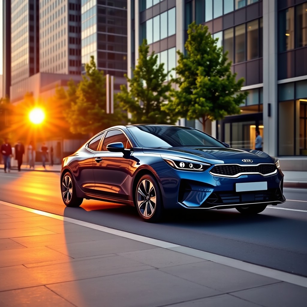 A stylish and modern Kia Soluto parked on a city street during sunset
