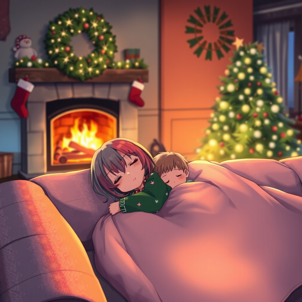 A cozy living room during a cold winter night, featuring a warm fireplace crackling with flames