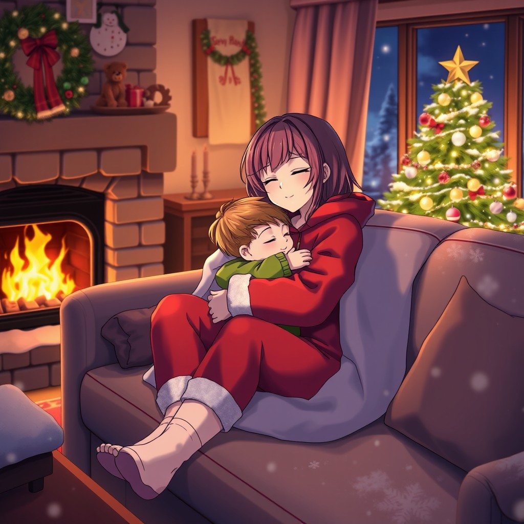 A cozy living room on a cold winter night, featuring a warm fireplace emitting a gentle glow