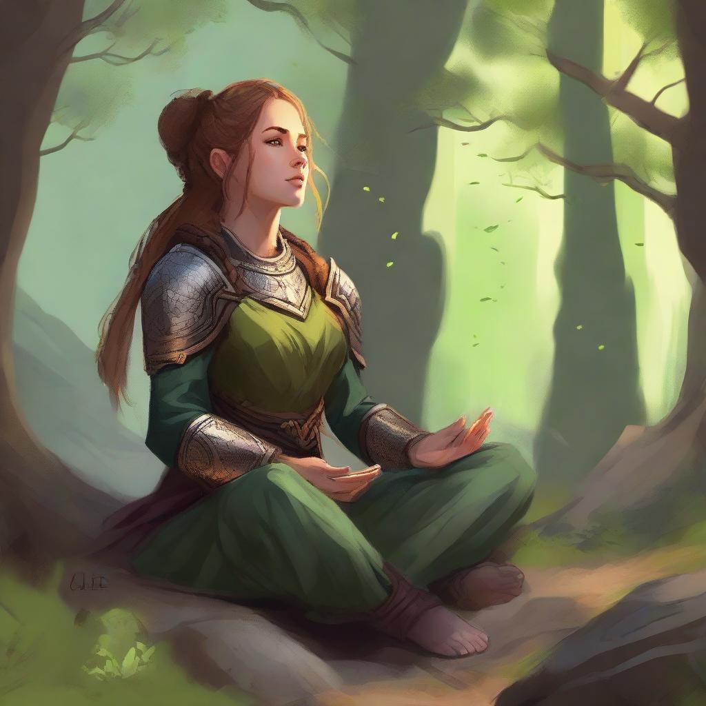 nafure's energy soars around a female dwarven druid that meditates amid nature while wearing her heavy armor