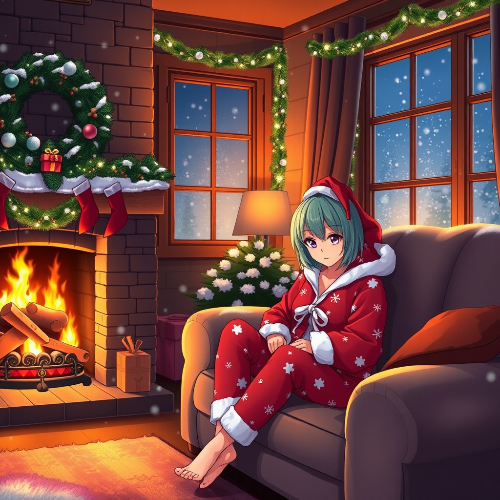 A cozy living room during a cold winter night, featuring a warm fireplace with flickering flames that cast a soft glow