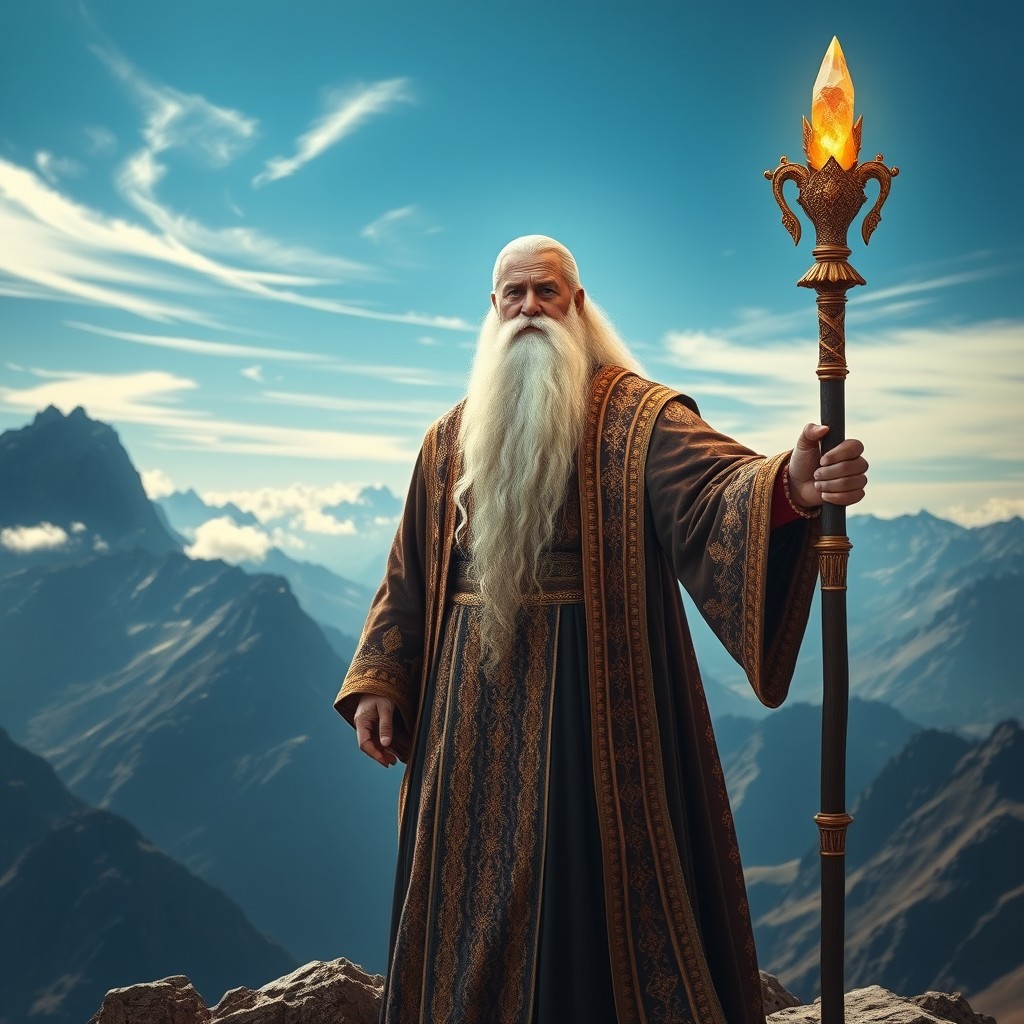 An imposing high priest standing at the peak of a majestic mountain