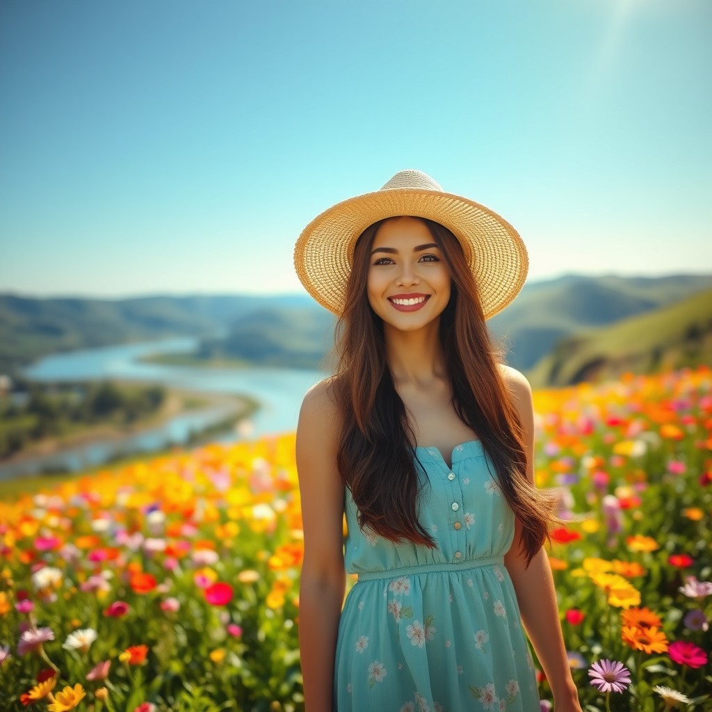 A beautiful young woman with long flowing brunette hair, wearing a stylish summer dress and a wide-brimmed straw hat