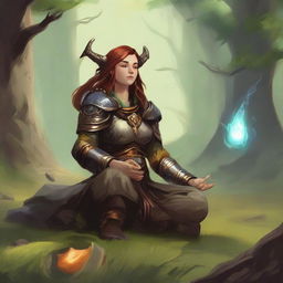 nafure's energy soars around a female dwarven druid that meditates amid nature while wearing her heavy armor