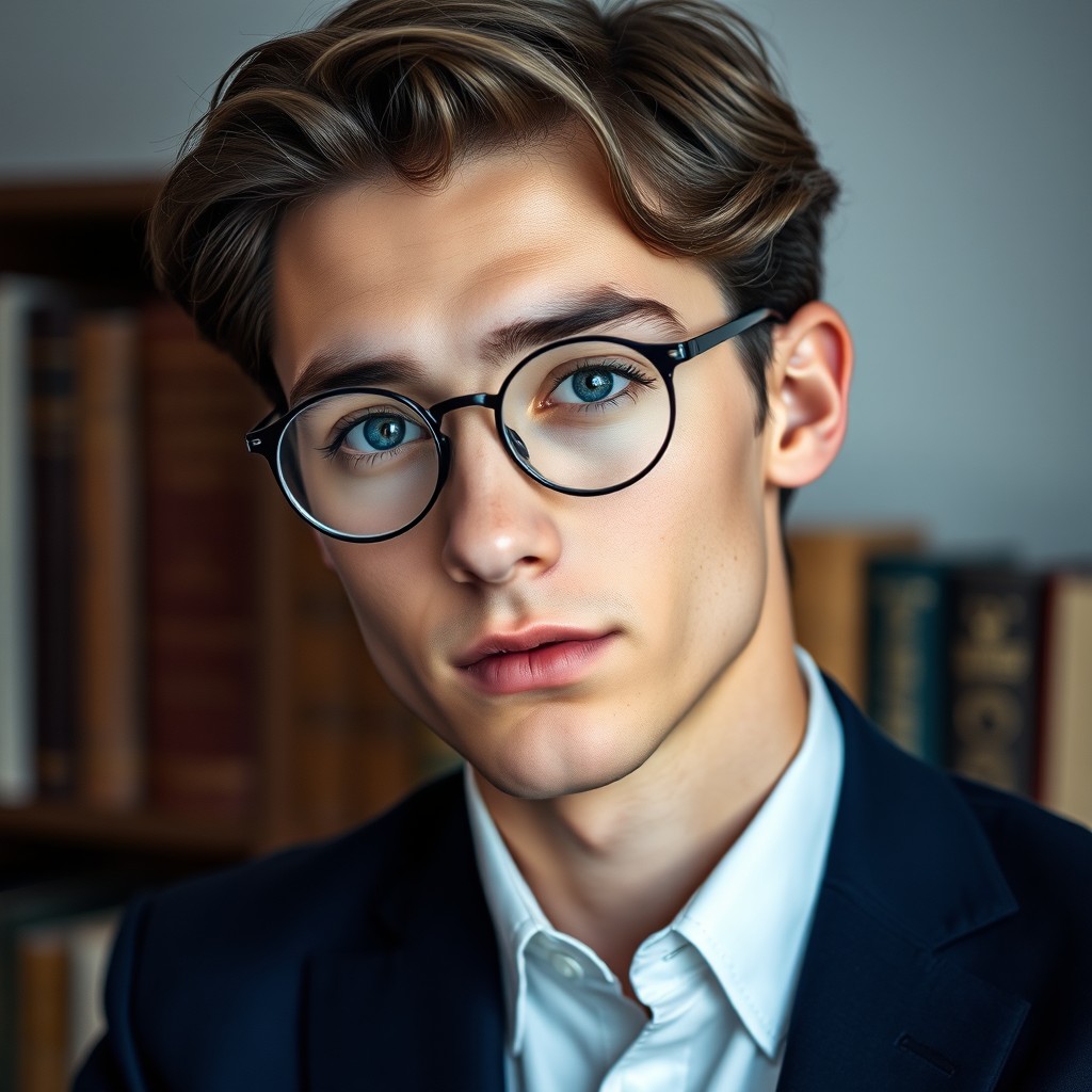 A striking young man with sharp features and intense blue eyes, wearing round eyeglasses