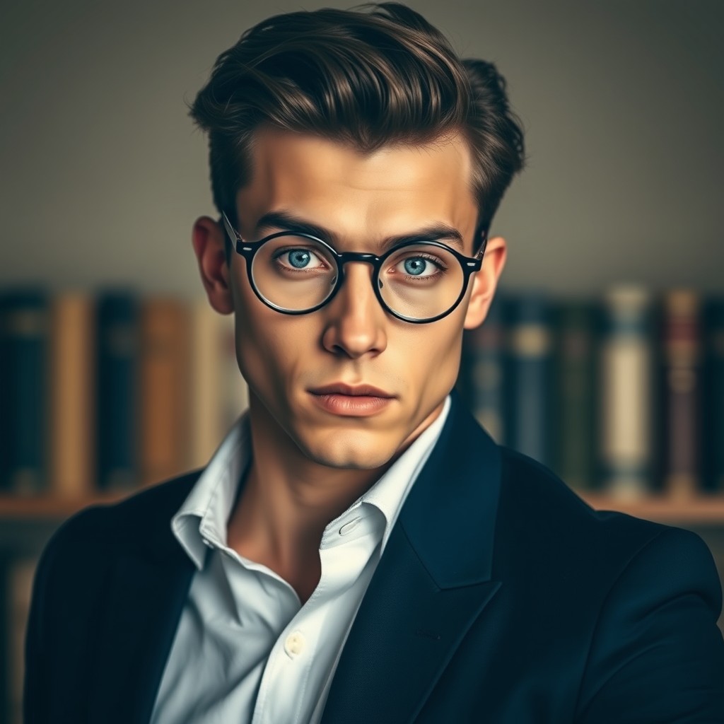 A striking young man projecting confidence, with sharp features highlighted by round eyeglasses framing intense blue eyes