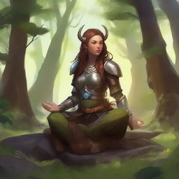 nafure's energy soars around a female dwarven druid that meditates amid nature while wearing her heavy armor