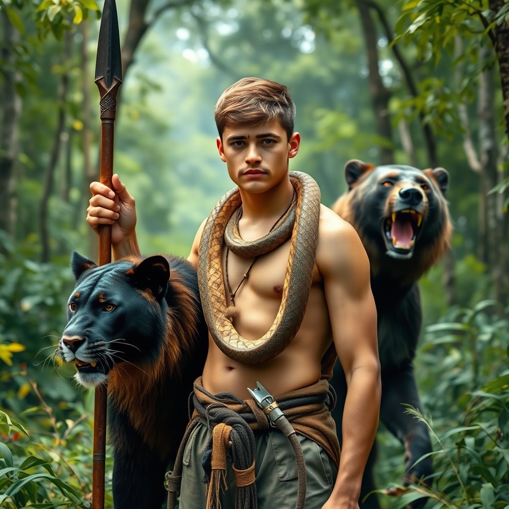 A young man with a mustache, short hair, wearing jungle attire, with a snake wrapped around his neck, holding a spear in one hand, standing in a lush forest filled with trees