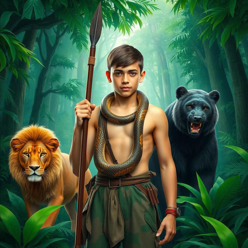 A young man with a mustache and short hair, wearing jungle attire