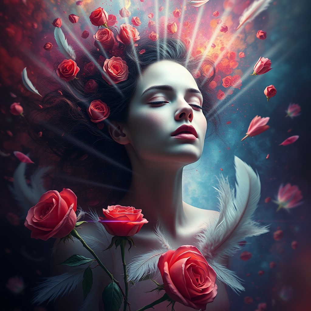 A surreal representation of the concept of pleasure derived from pain, visualizing an abstract scene where contrasting elements of pain and joy blend harmoniously