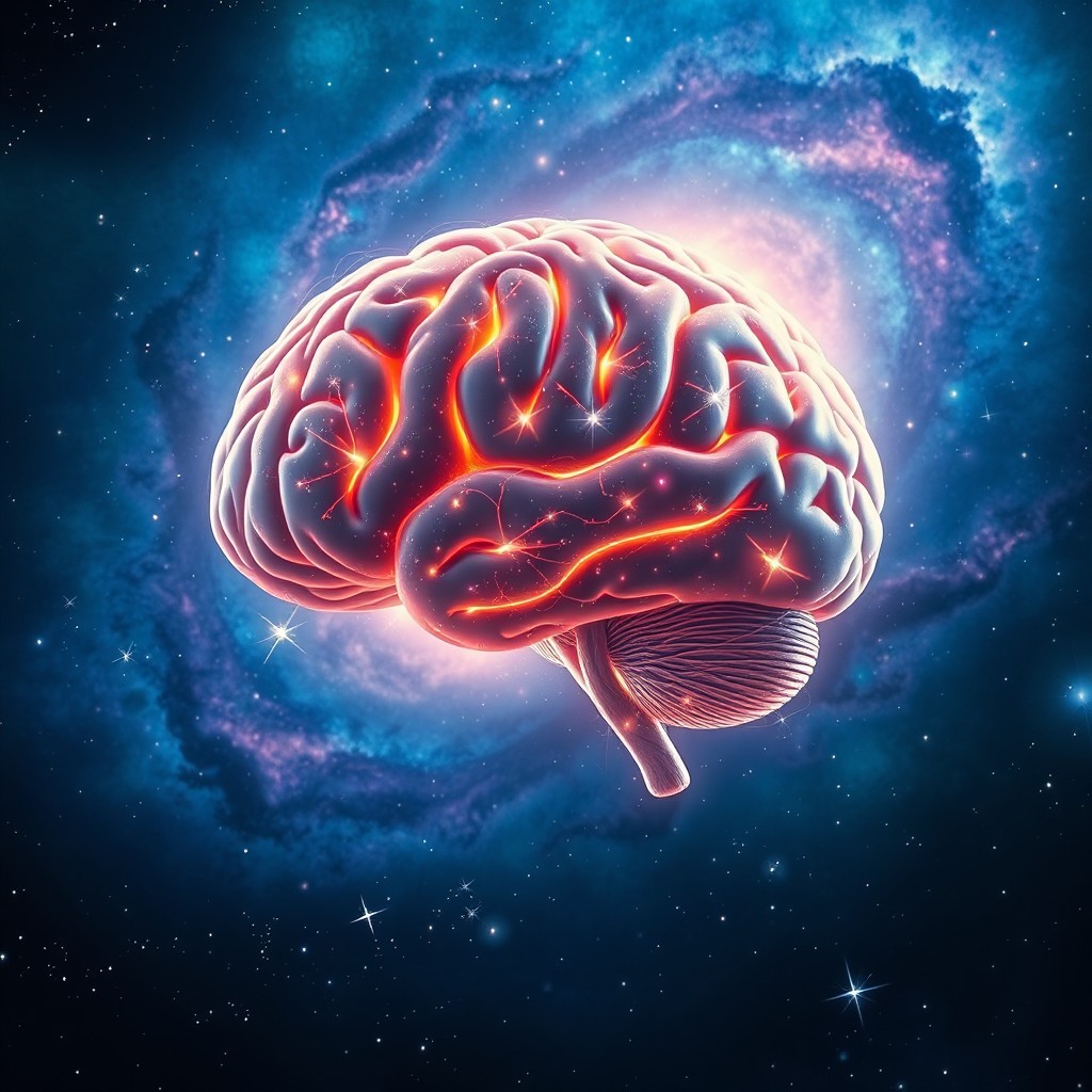A surrealistic representation of a human brain floating in a vast cosmos, surrounded by vibrant nebulae and shining stars