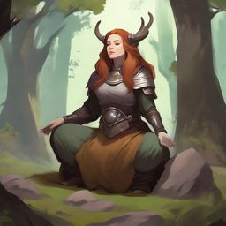 nafure's energy soars around a female dwarven druid that meditates amid nature while wearing her heavy armor